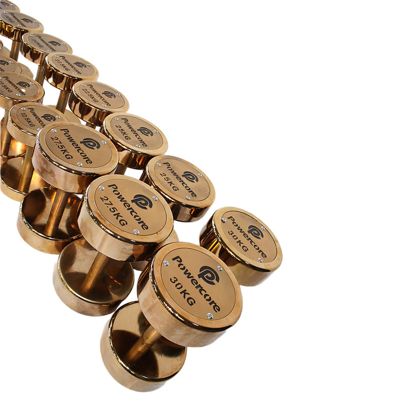 Load image into Gallery viewer, Powercore Gold Dumbbells Set 2.5kg - 30kg (12 pairs - Electroplated Gold)