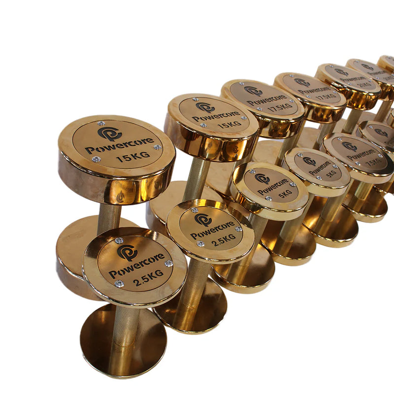 Load image into Gallery viewer, Powercore Gold Dumbbells Set 2.5kg - 30kg (12 pairs - Electroplated Gold)